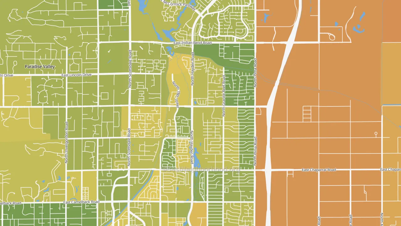Map of the best neighborhoods in the 85250 area, with better matches in green and worse matches in red