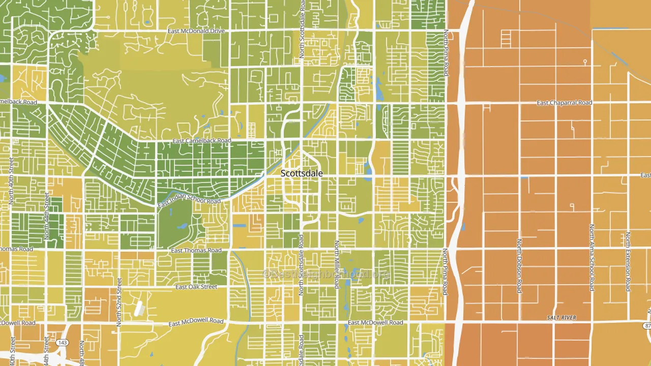 Map of the best neighborhoods in the 85251 area, with better matches in green and worse matches in red