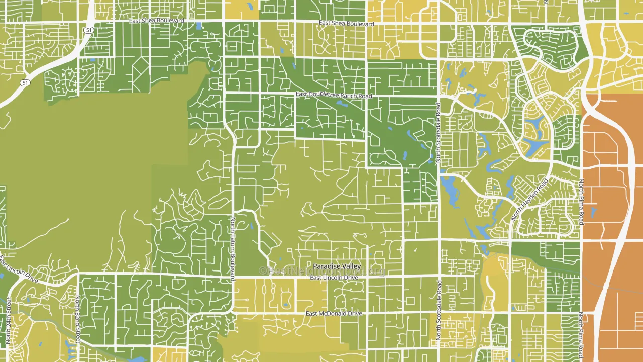 Map of the best neighborhoods in the 85253 area, with better matches in green and worse matches in red