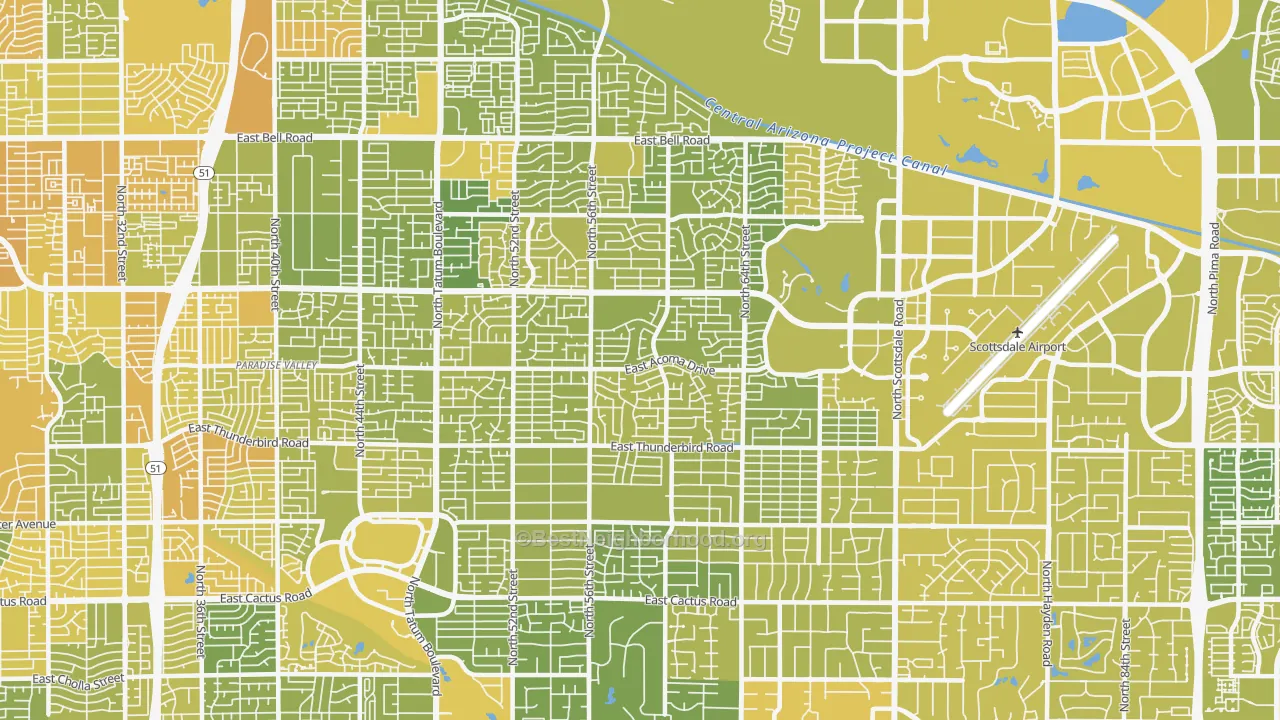 Map of the best neighborhoods in the 85254 area, with better matches in green and worse matches in red