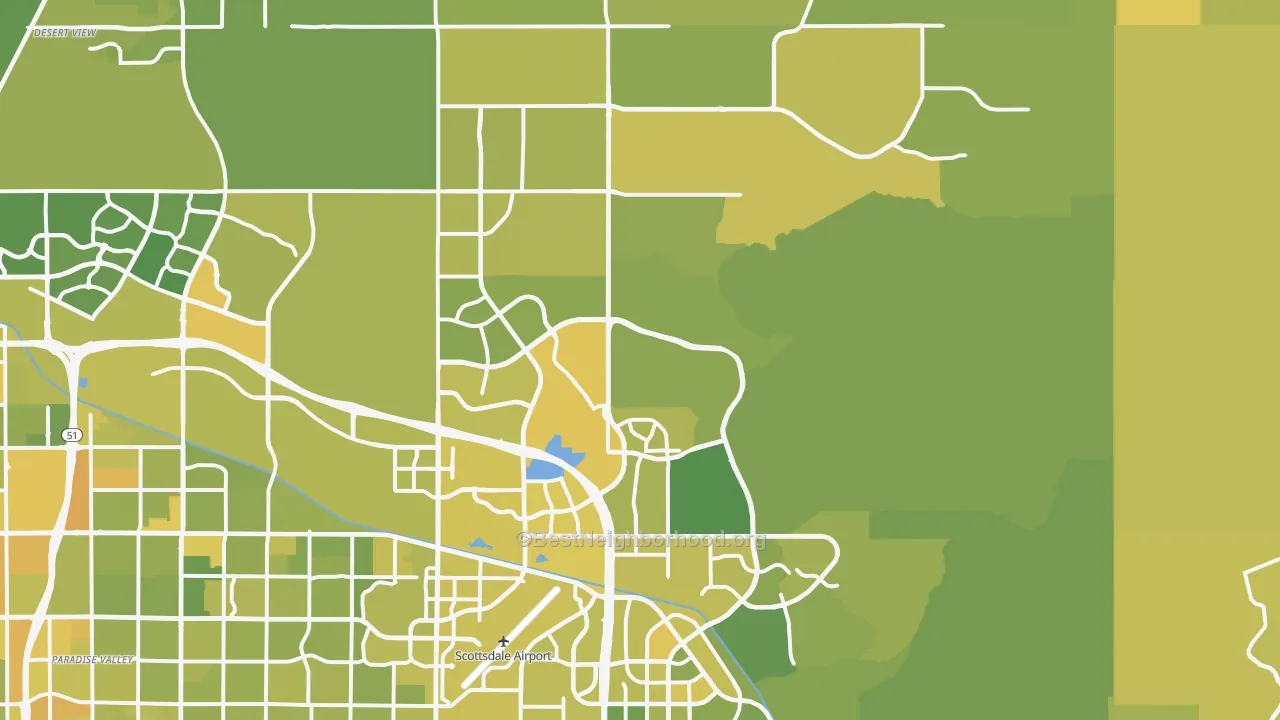 Map of the best neighborhoods in the 85255 area, with better matches in green and worse matches in red