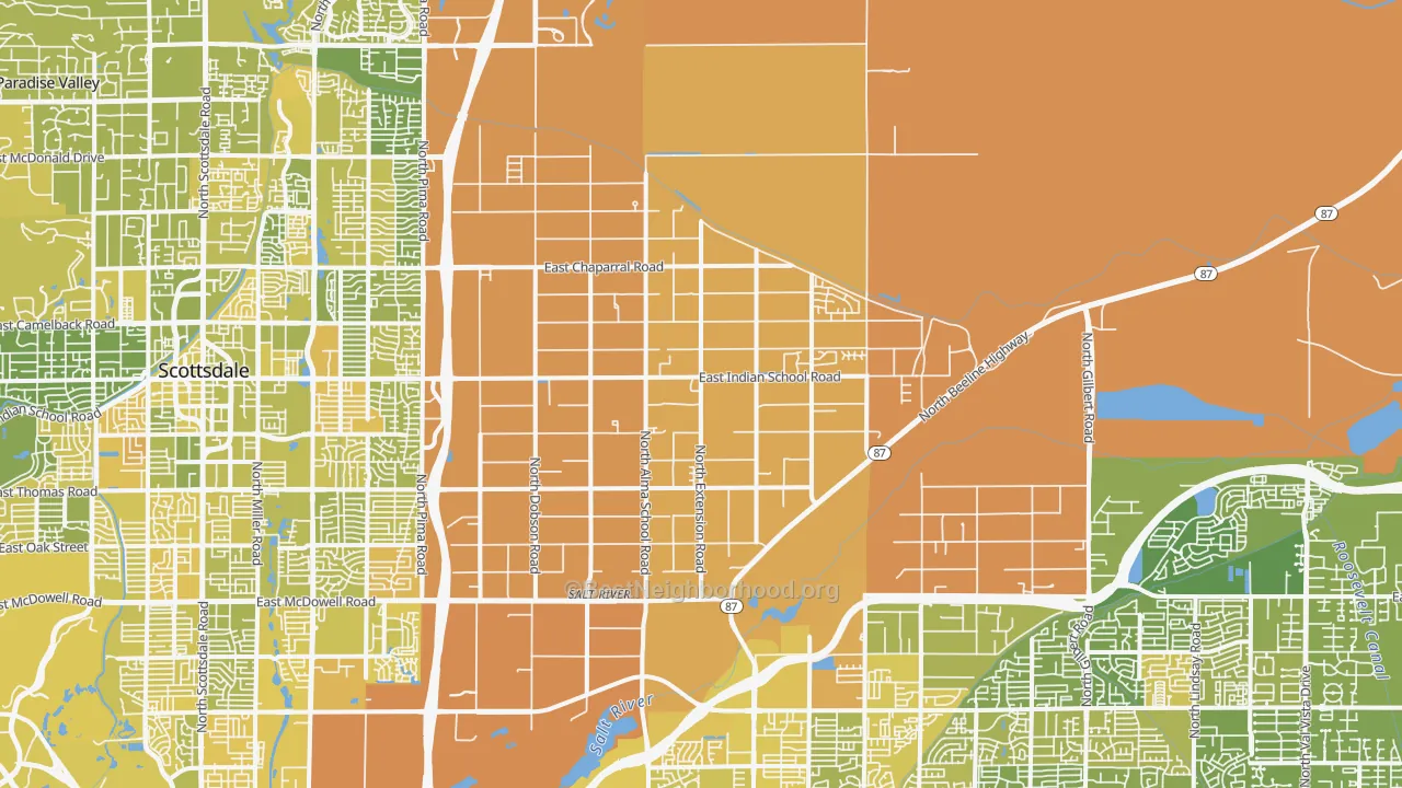 Map of the best neighborhoods in the 85256 area, with better matches in green and worse matches in red