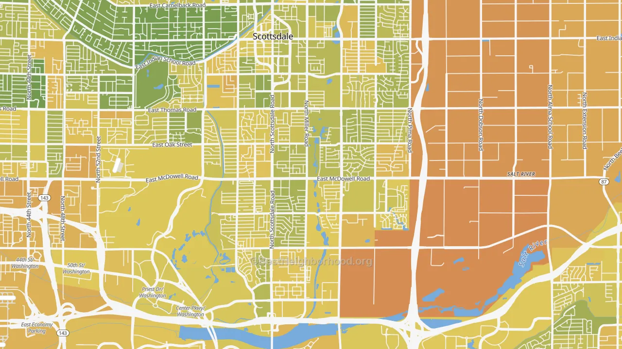 Map of the best neighborhoods in the 85257 area, with better matches in green and worse matches in red
