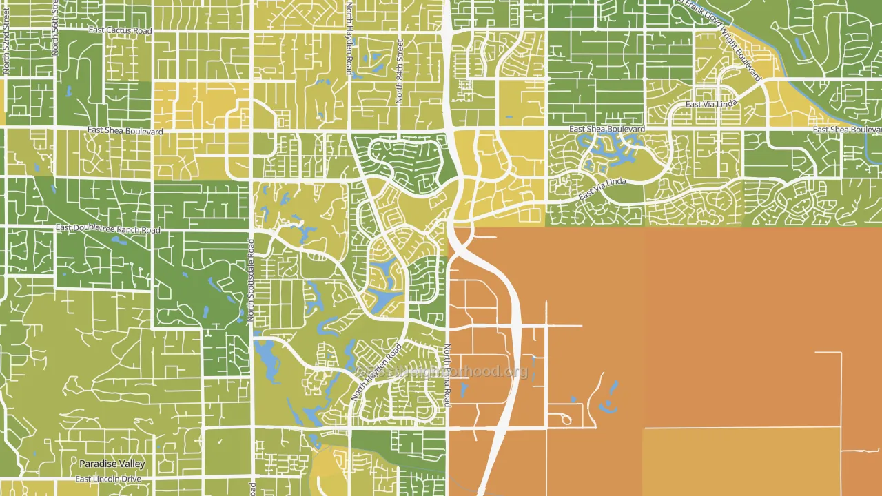 Map of the best neighborhoods in the 85258 area, with better matches in green and worse matches in red