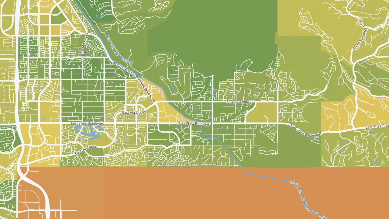 Map of the best neighborhoods in the 85259 area, with better matches in green and worse matches in red