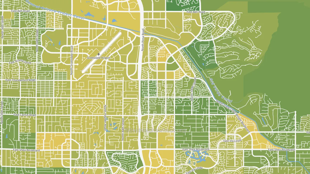 Map of the best neighborhoods in the 85260 area, with better matches in green and worse matches in red