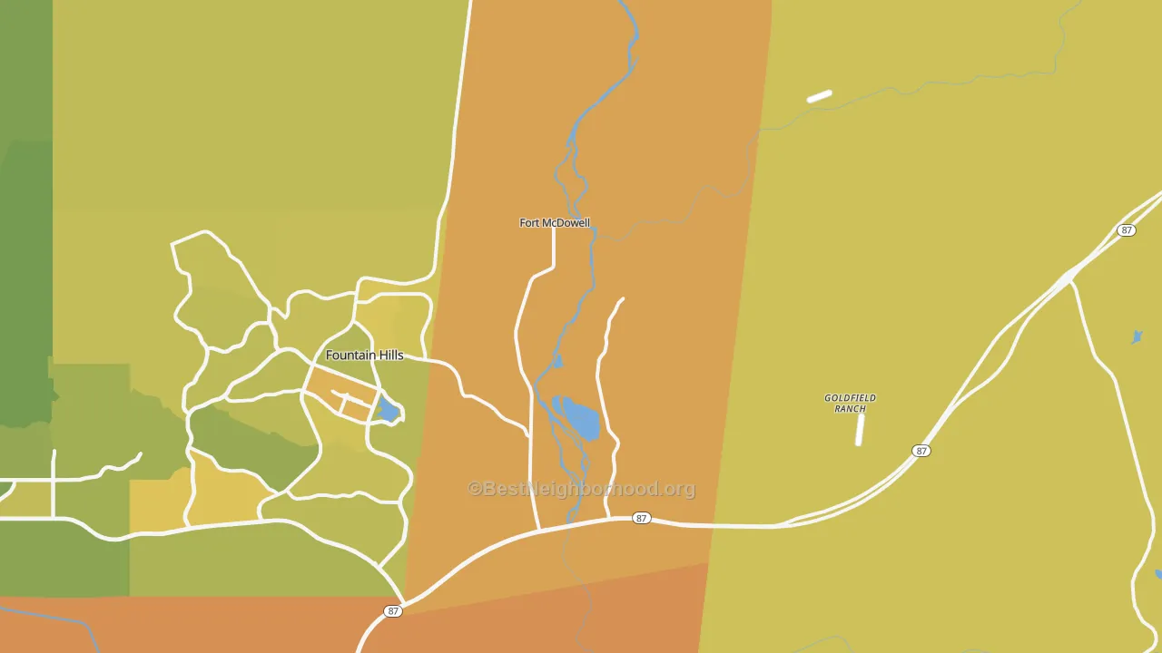 Map of the best neighborhoods in the 85264 area, with better matches in green and worse matches in red