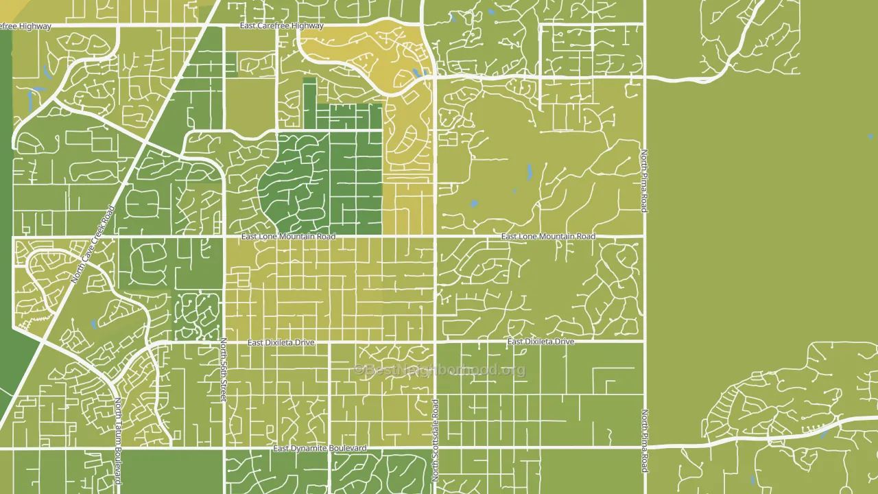 Map of the best neighborhoods in the 85266 area, with better matches in green and worse matches in red