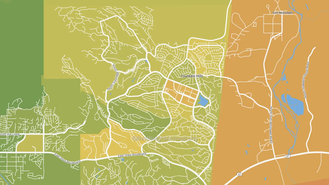 Map of the best neighborhoods in the 85268 area, with better matches in green and worse matches in red
