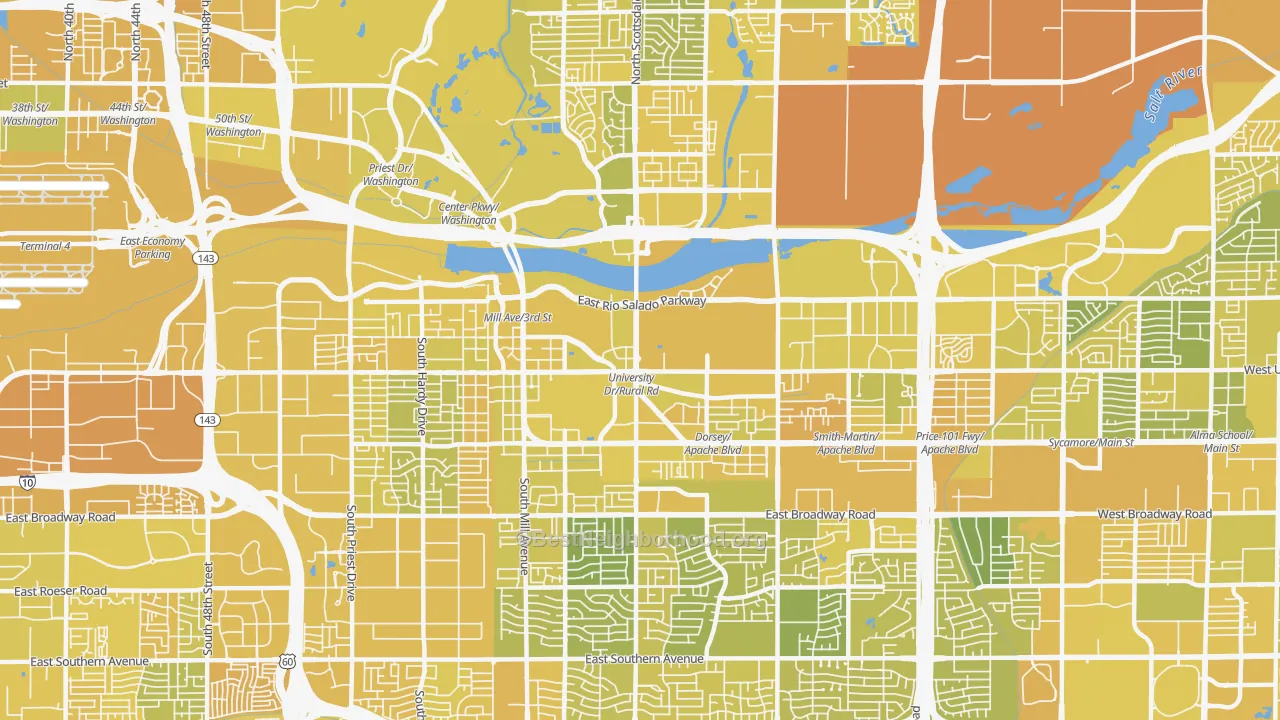 Map of the best neighborhoods in the 85281 area, with better matches in green and worse matches in red
