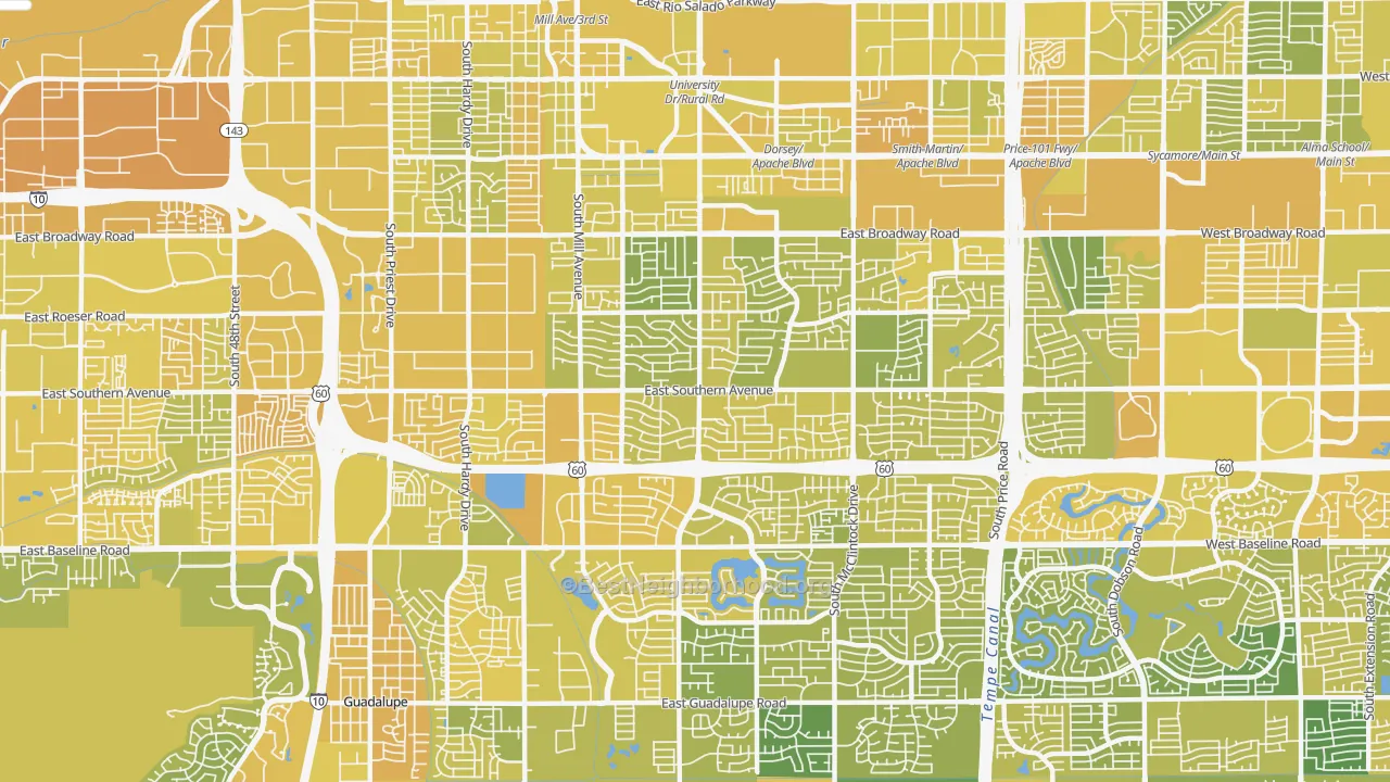 Map of the best neighborhoods in the 85282 area, with better matches in green and worse matches in red