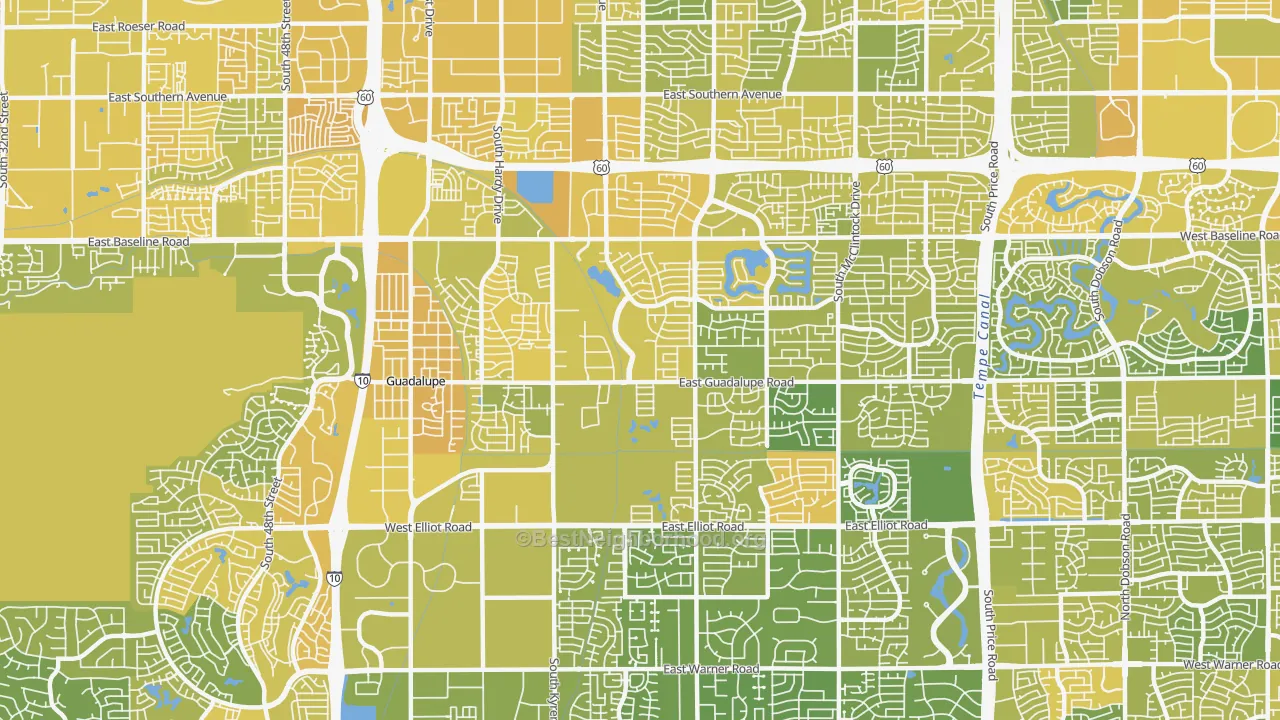 Map of the best neighborhoods in the 85283 area, with better matches in green and worse matches in red