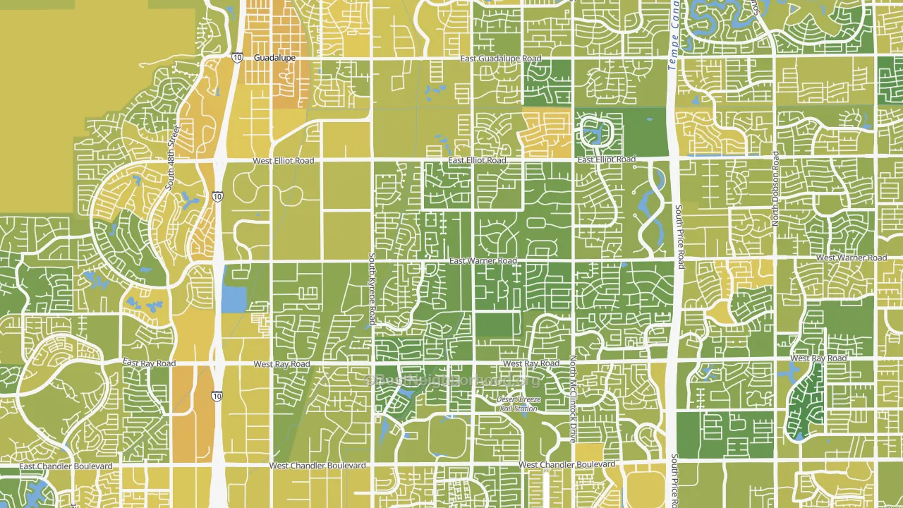 Map of the best neighborhoods in the 85284 area, with better matches in green and worse matches in red