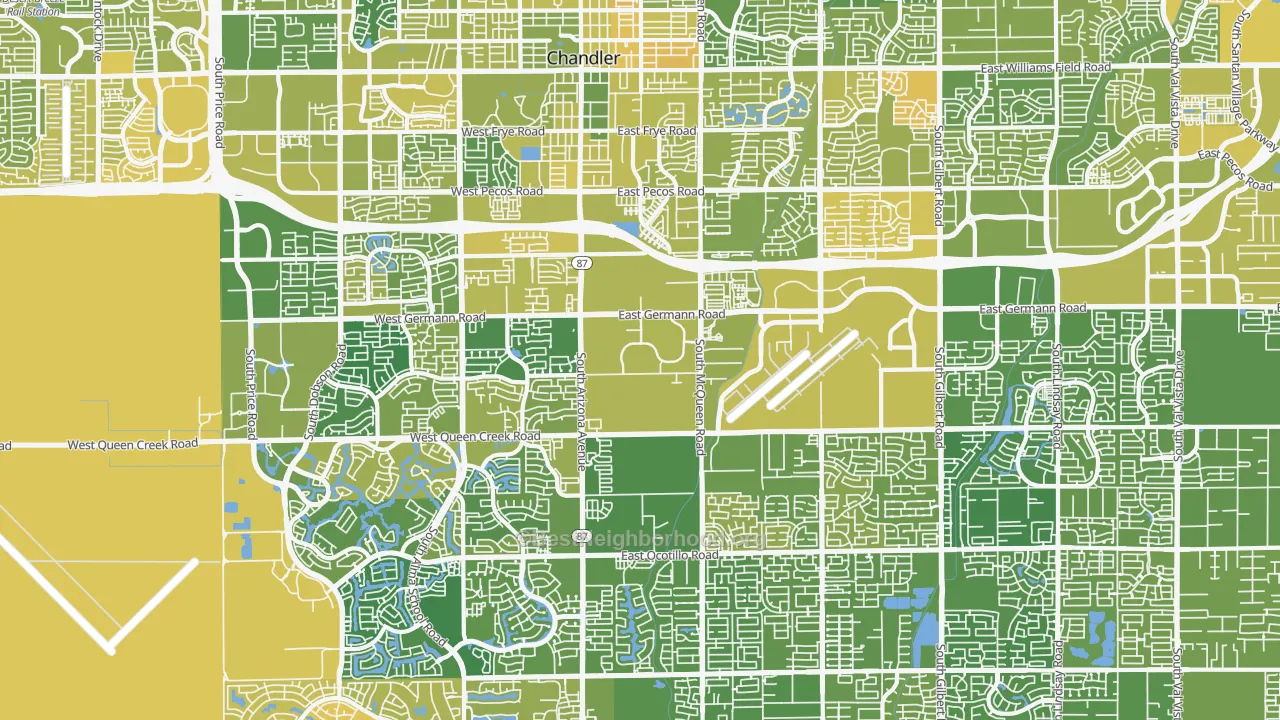 Map of the best neighborhoods in the 85286 area, with better matches in green and worse matches in red