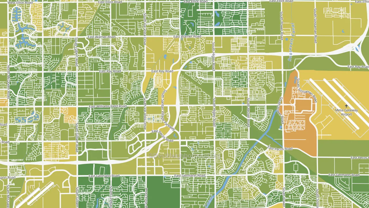 Map of the best neighborhoods in the 85295 area, with better matches in green and worse matches in red