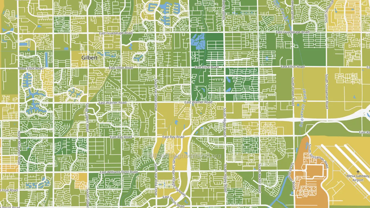 Map of the best neighborhoods in the 85296 area, with better matches in green and worse matches in red