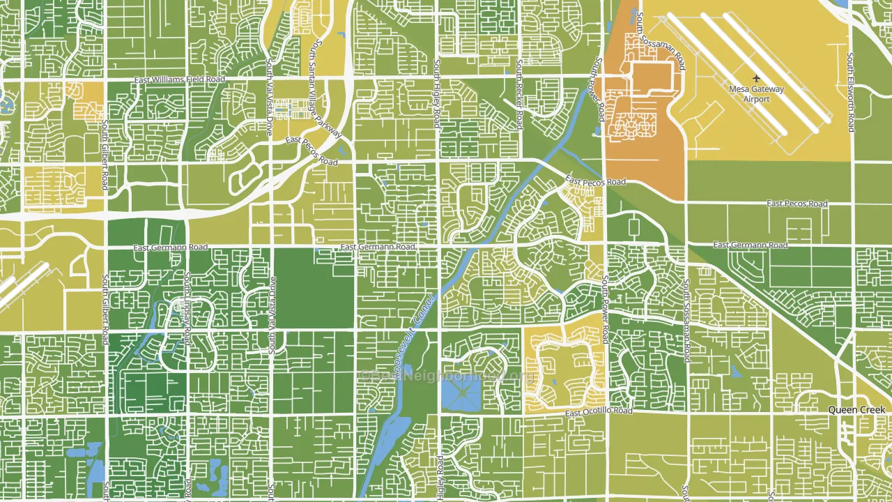 Map of the best neighborhoods in the 85297 area, with better matches in green and worse matches in red