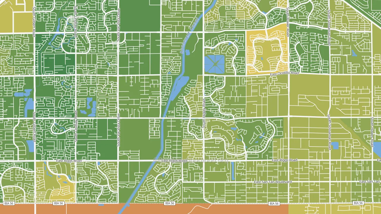 Map of the best neighborhoods in the 85298 area, with better matches in green and worse matches in red