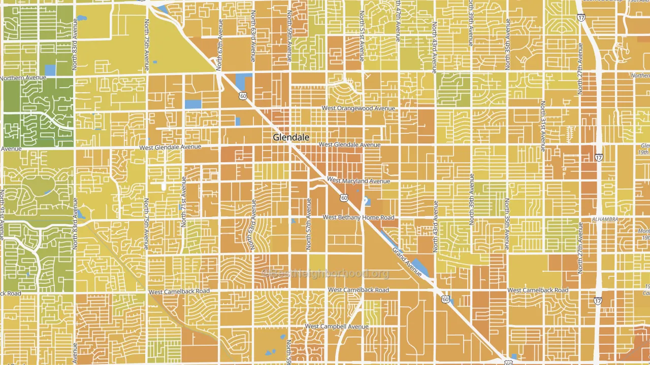 Map of the best neighborhoods in the 85301 area, with better matches in green and worse matches in red