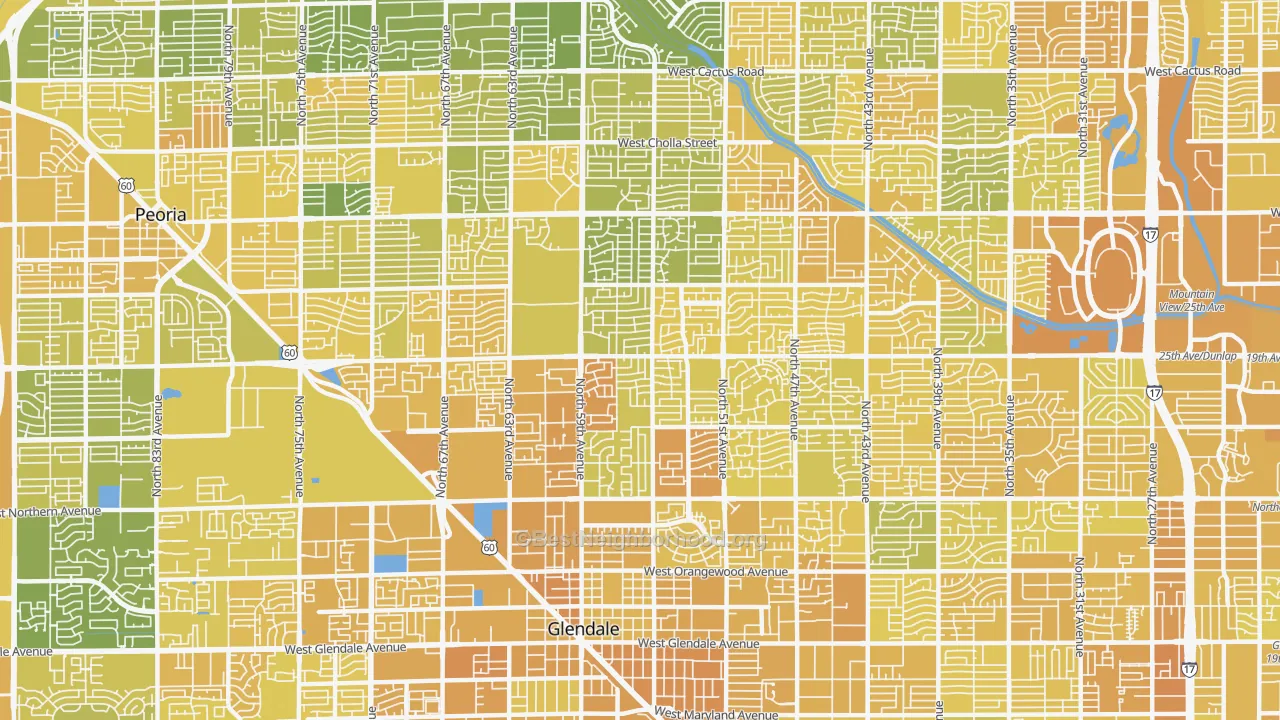 Map of the best neighborhoods in the 85302 area, with better matches in green and worse matches in red