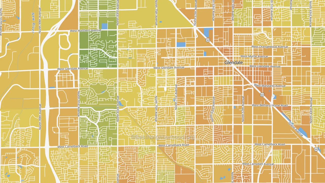 Map of the best neighborhoods in the 85303 area, with better matches in green and worse matches in red