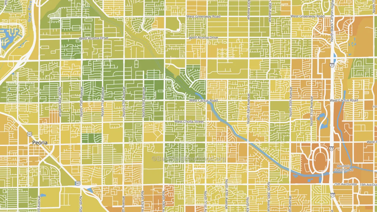 Map of the best neighborhoods in the 85304 area, with better matches in green and worse matches in red