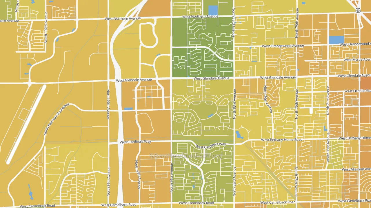Map of the best neighborhoods in the 85305 area, with better matches in green and worse matches in red