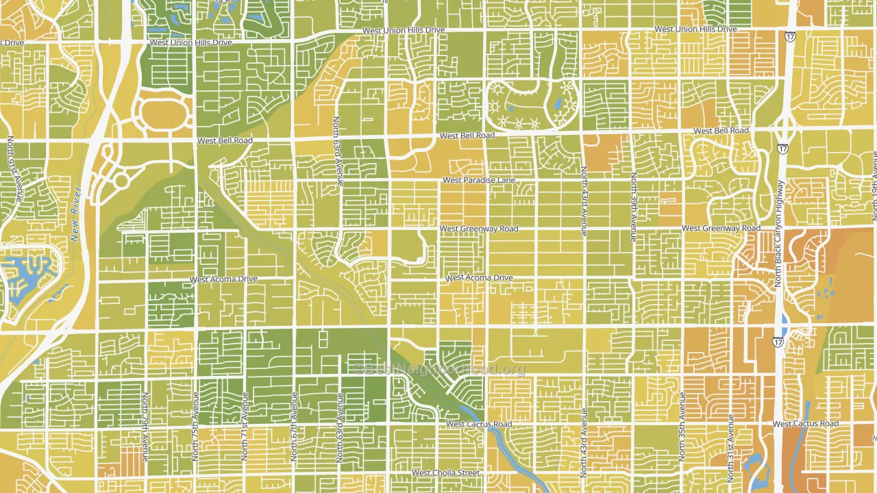 Map of the best neighborhoods in the 85306 area, with better matches in green and worse matches in red