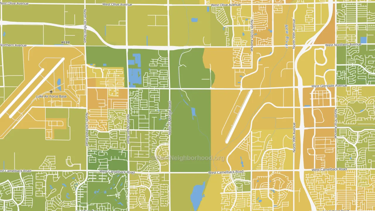 Map of the best neighborhoods in the 85307 area, with better matches in green and worse matches in red