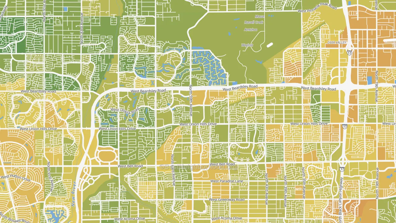 Map of the best neighborhoods in the 85308 area, with better matches in green and worse matches in red