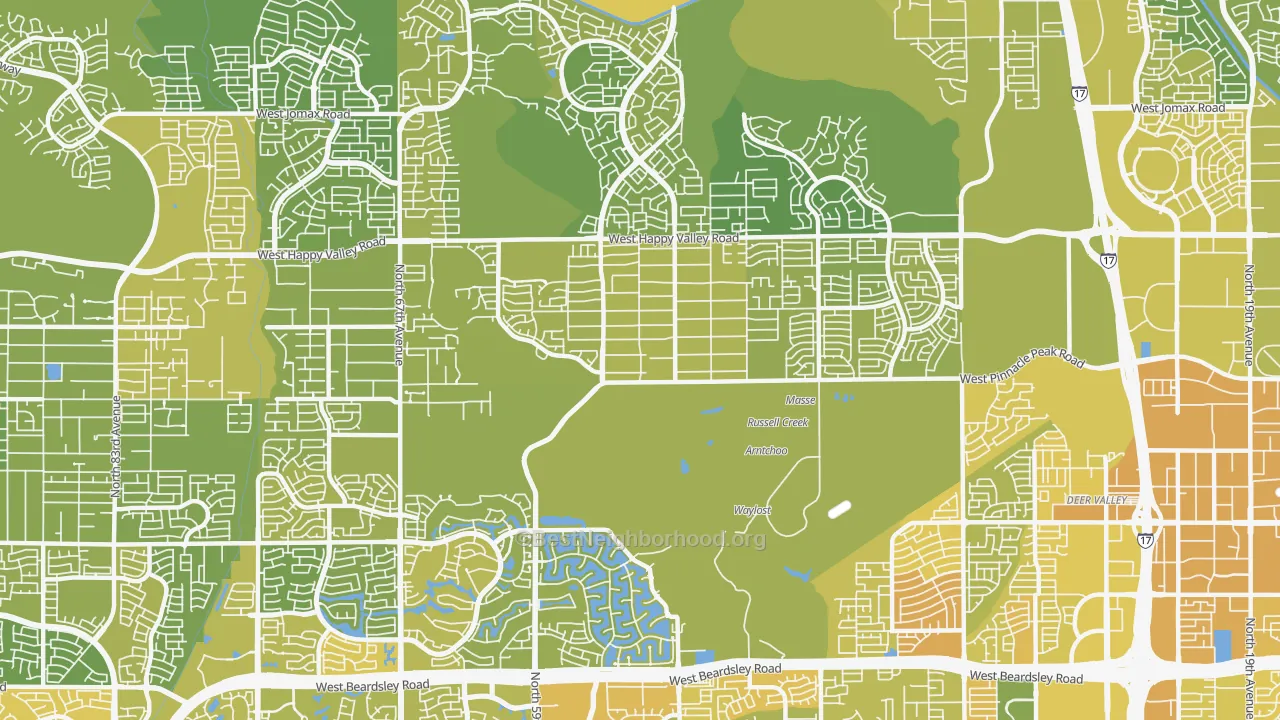 Map of the best neighborhoods in the 85310 area, with better matches in green and worse matches in red