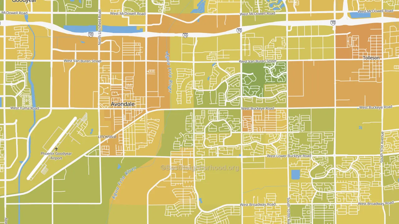 Map of the best neighborhoods in the 85323 area, with better matches in green and worse matches in red