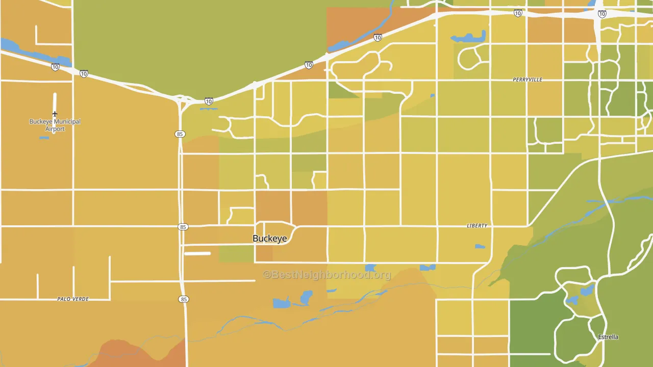 Map of the best neighborhoods in the 85326 area, with better matches in green and worse matches in red