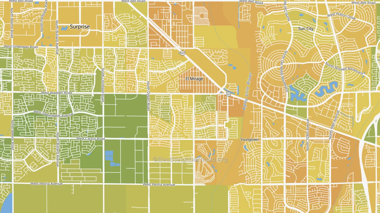 Map of the best neighborhoods in the 85335 area, with better matches in green and worse matches in red
