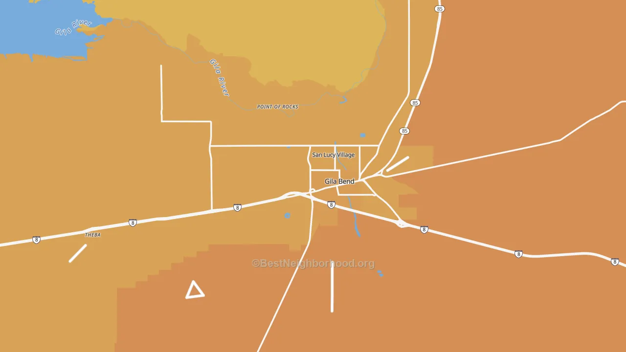 Map of the best neighborhoods in the 85337 area, with better matches in green and worse matches in red