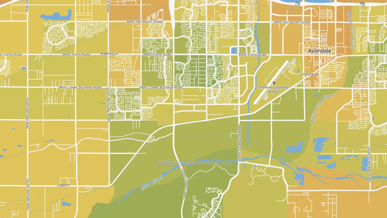 Map of the best neighborhoods in the 85338 area, with better matches in green and worse matches in red