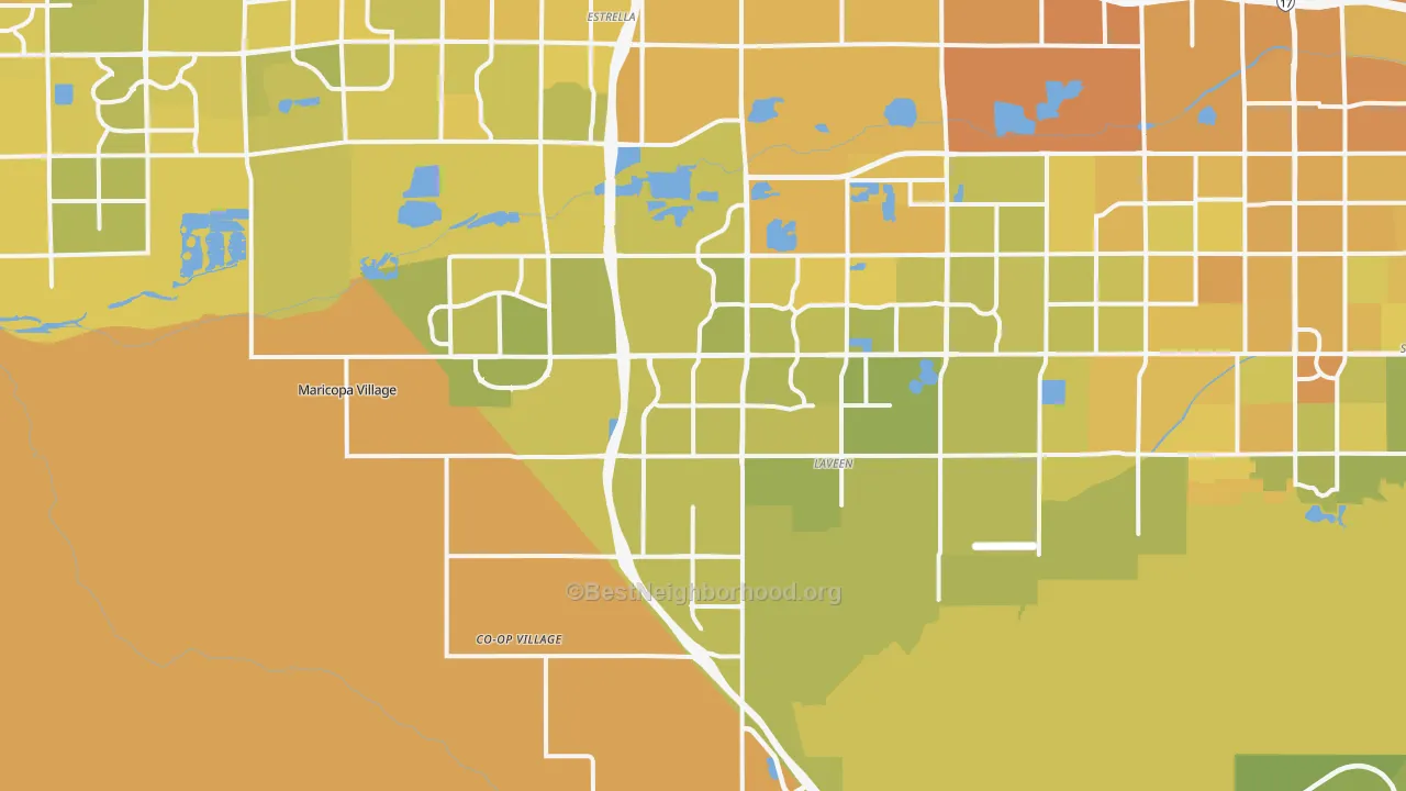 Map of the best neighborhoods in the 85339 area, with better matches in green and worse matches in red