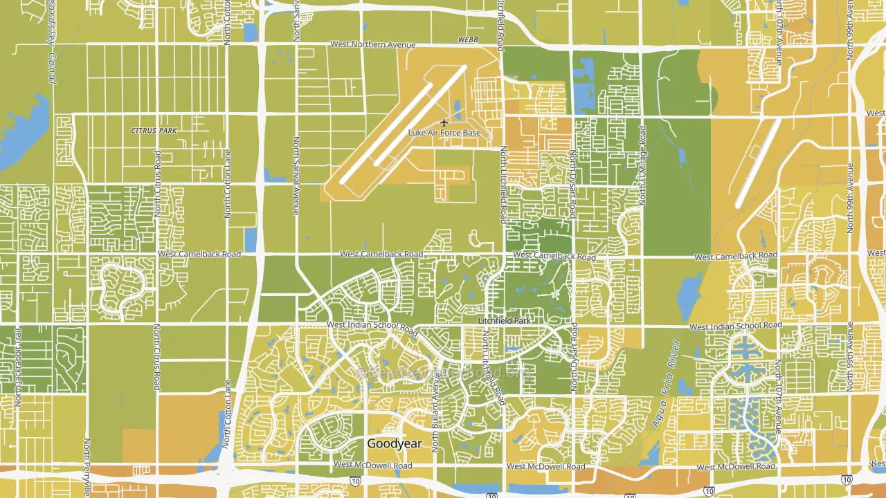 Map of the best neighborhoods in the 85340 area, with better matches in green and worse matches in red