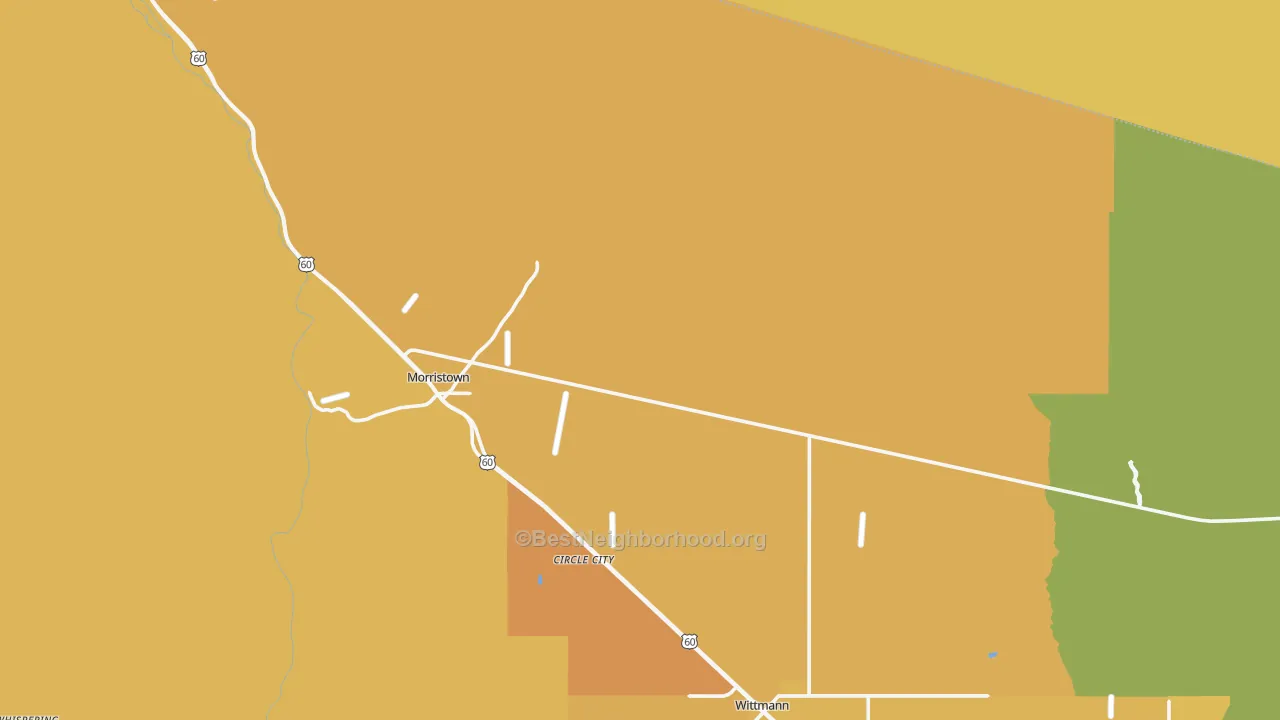 Map of the best neighborhoods in the 85342 area, with better matches in green and worse matches in red