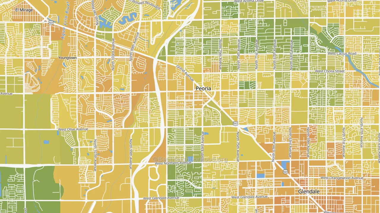 Map of the best neighborhoods in the 85345 area, with better matches in green and worse matches in red