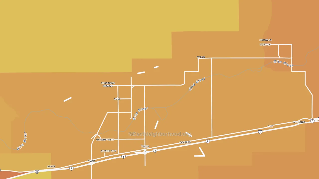 Map of the best neighborhoods in the 85347 area, with better matches in green and worse matches in red