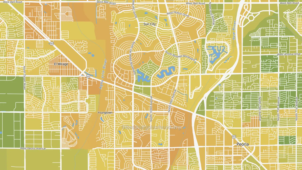 Map of the best neighborhoods in the 85351 area, with better matches in green and worse matches in red