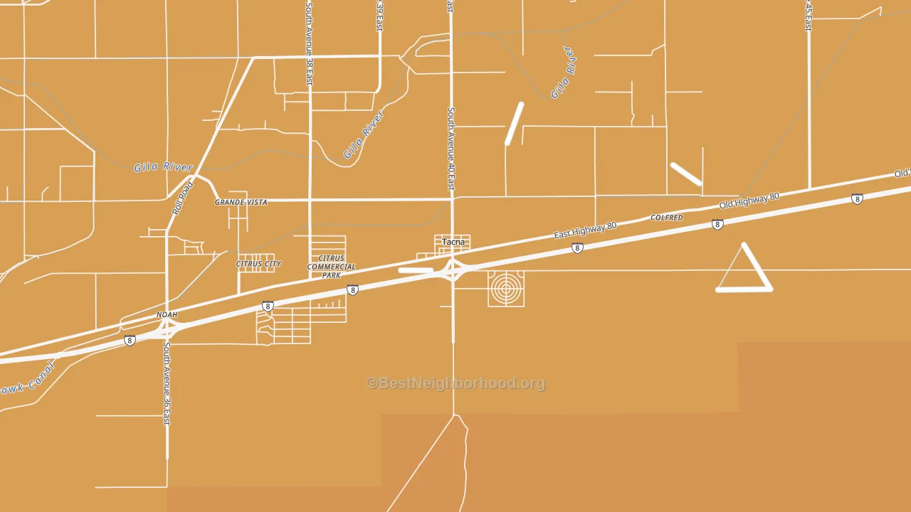 Map of the best neighborhoods in the 85352 area, with better matches in green and worse matches in red