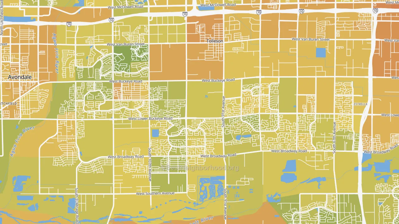 Map of the best neighborhoods in the 85353 area, with better matches in green and worse matches in red