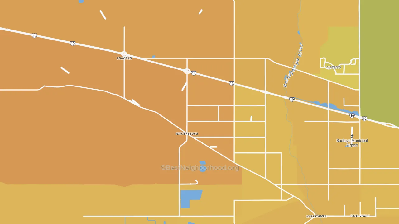 Map of the best neighborhoods in the 85354 area, with better matches in green and worse matches in red
