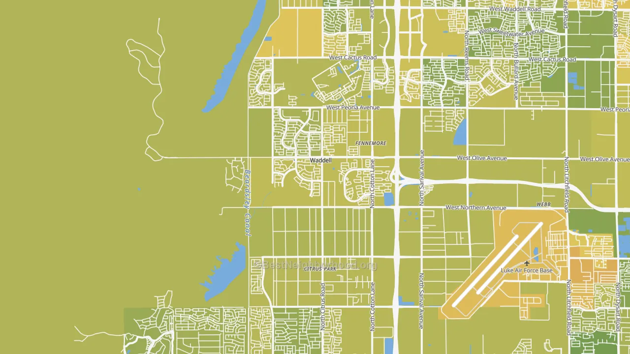 Map of the best neighborhoods in the 85355 area, with better matches in green and worse matches in red