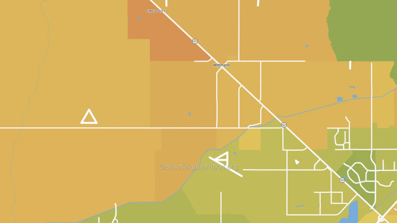 Map of the best neighborhoods in the 85361 area, with better matches in green and worse matches in red