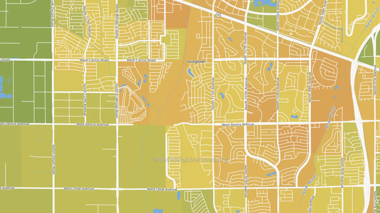 Map of the best neighborhoods in the 85363 area, with better matches in green and worse matches in red