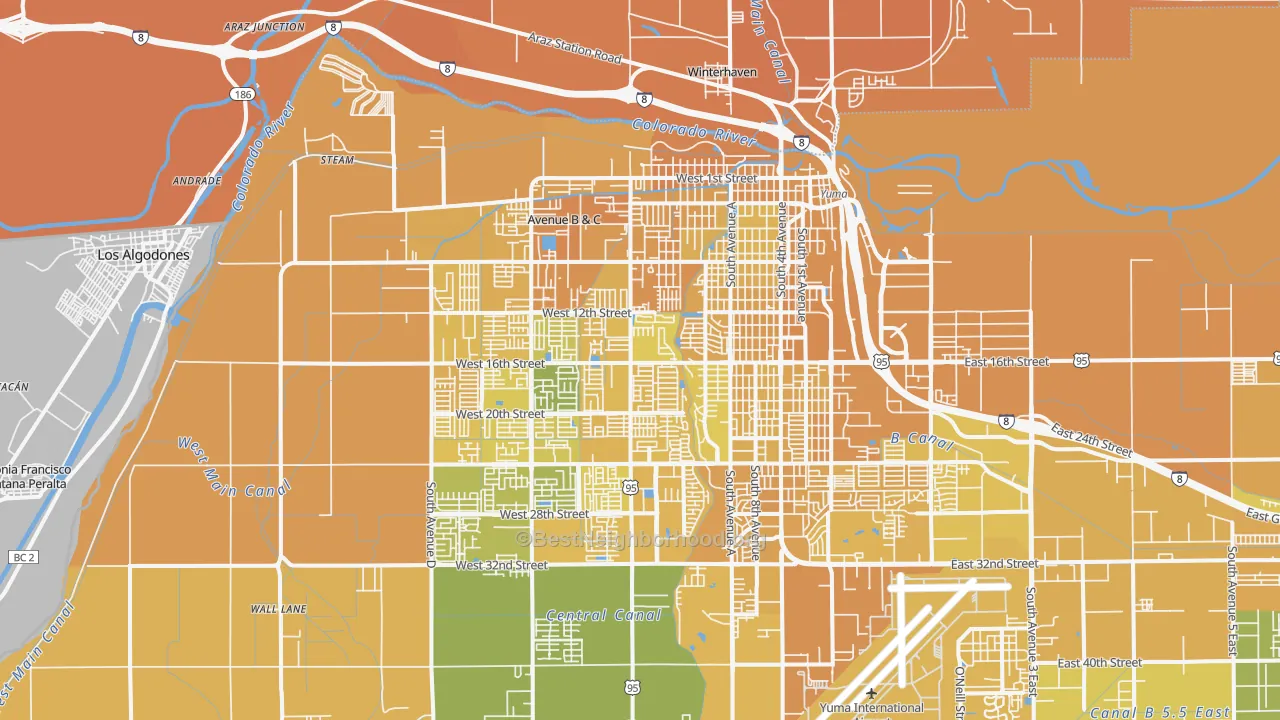 Map of the best neighborhoods in the 85364 area, with better matches in green and worse matches in red