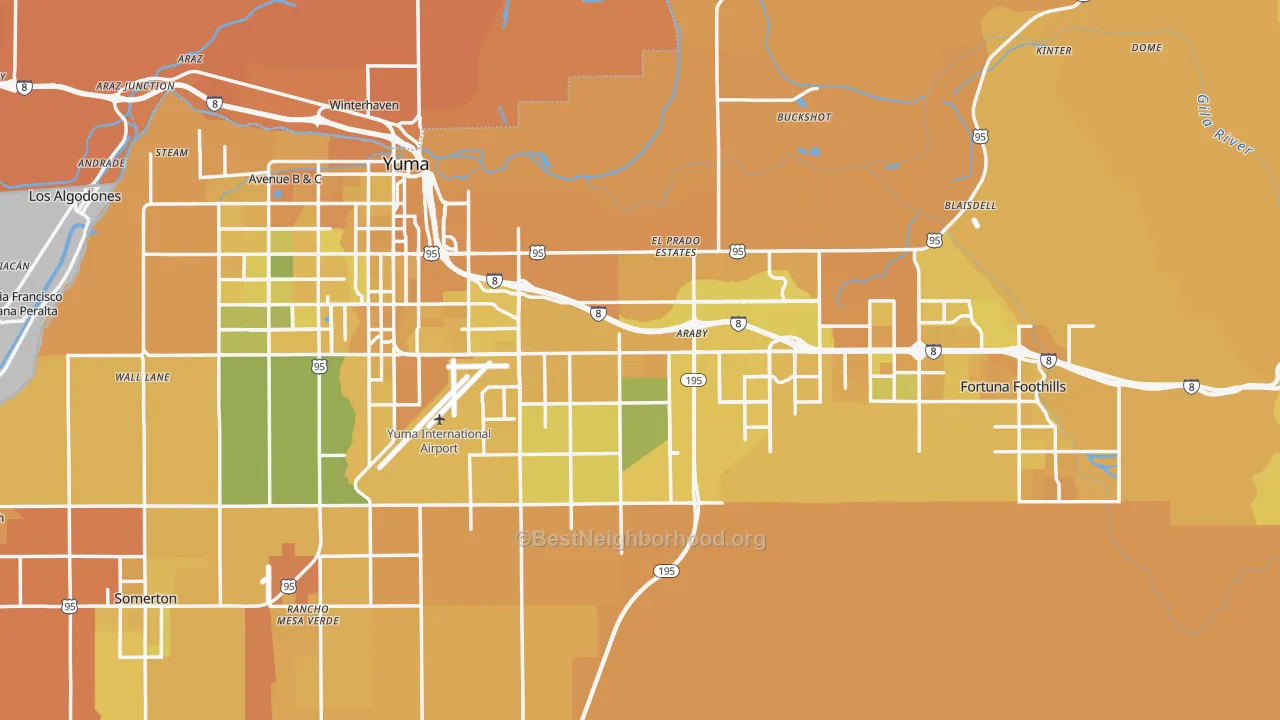 Map of the best neighborhoods in the 85365 area, with better matches in green and worse matches in red
